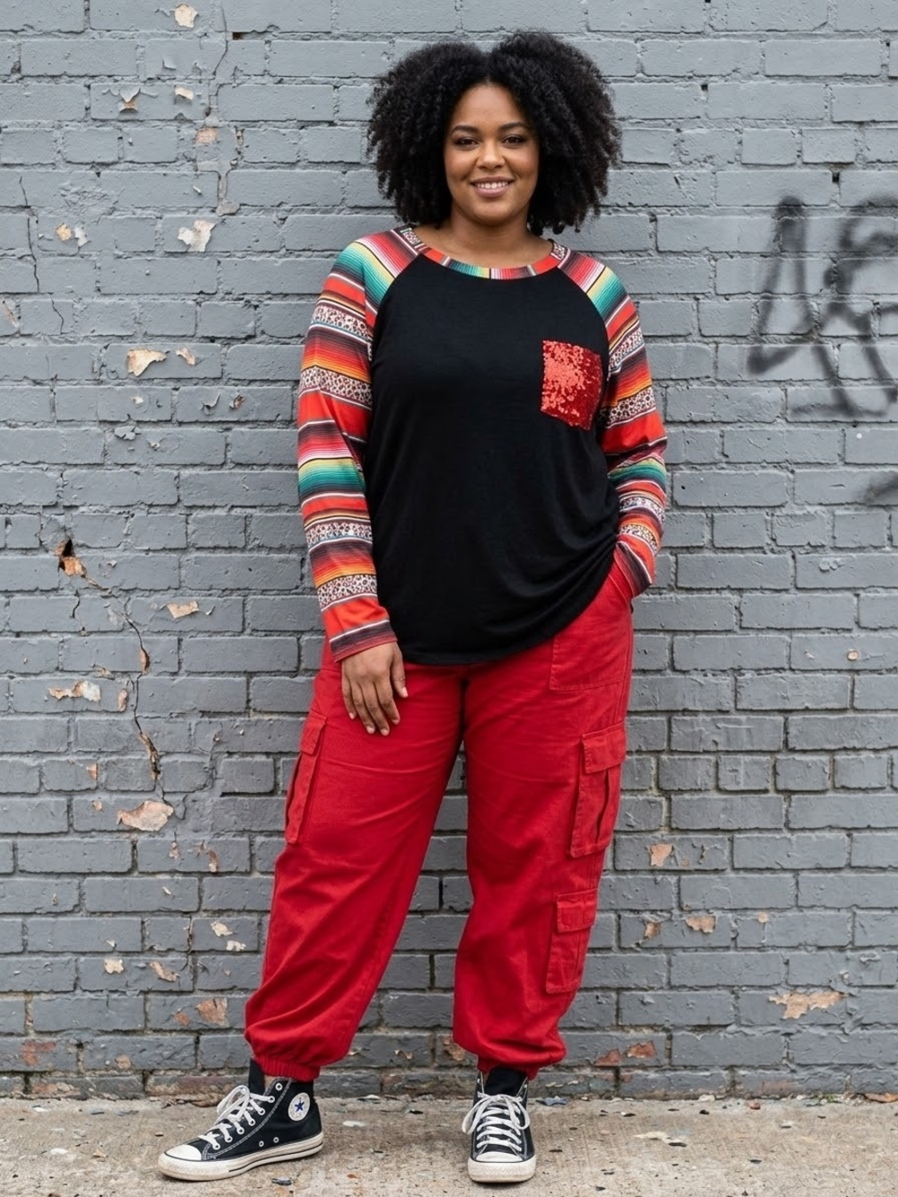 Southern Stitch  Black Raglan Top with Red Sequin Pocket P2P 24